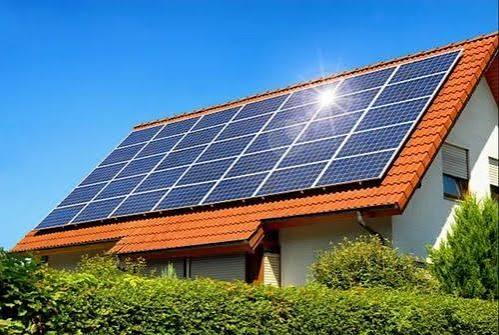 Rooftop solar panel installation on a residential building